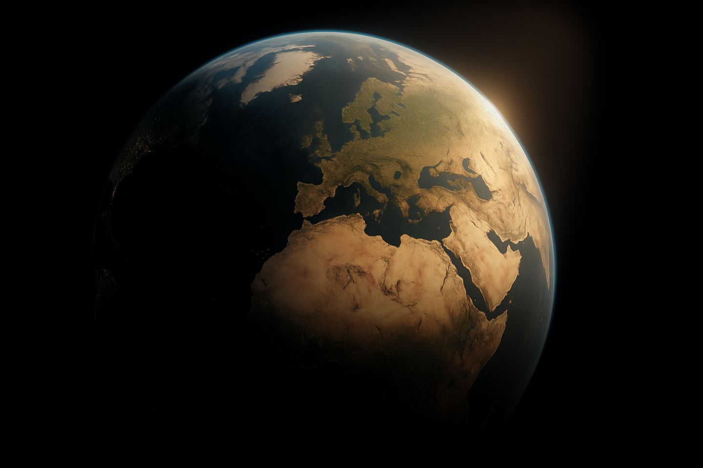 The sun rising behind earth on a dark space backdrop.
